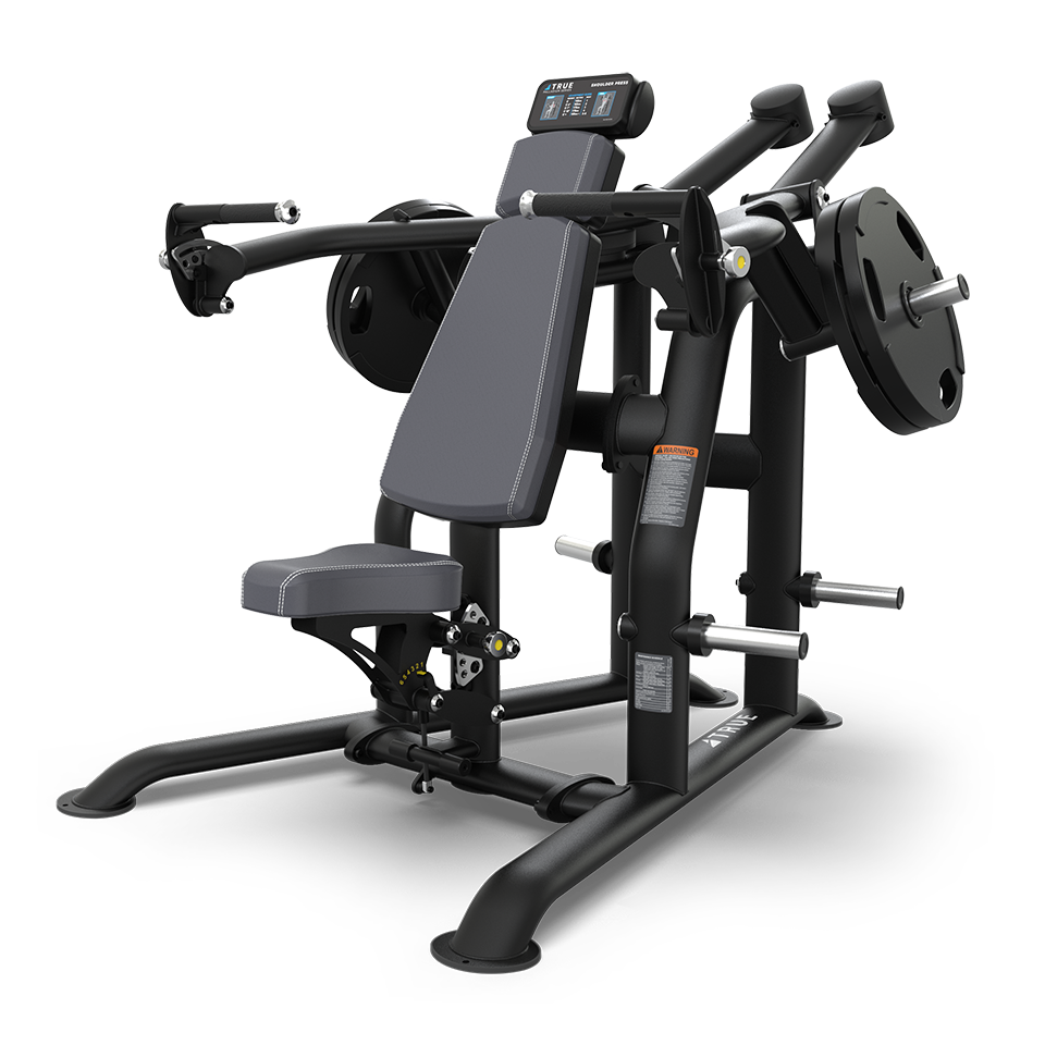 A black and gray seated chest press machine with padded seat and backrest, adjustable handles, weight plate holders, and digital display, designed for strength training in a gym.