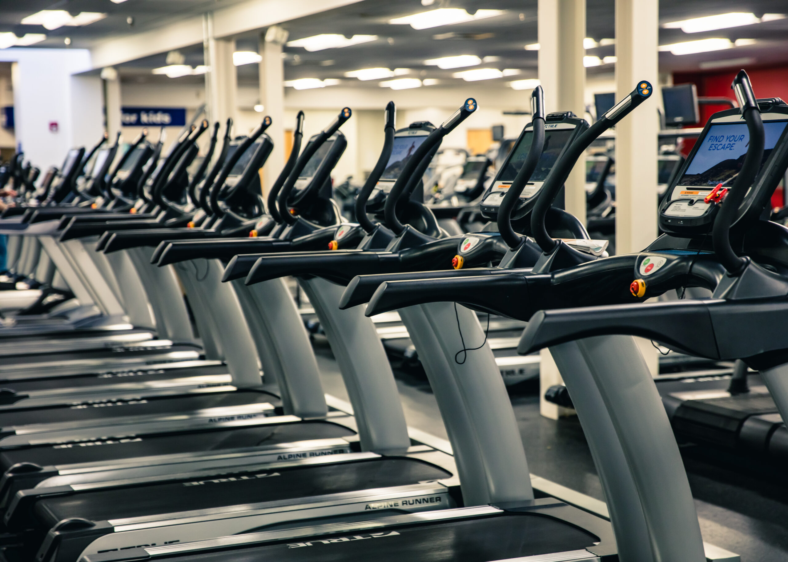 A row of black and gray treadmills lined up in a spacious, well-lit gym with more fitness equipment visible in the background. Some treadmill screens display text.