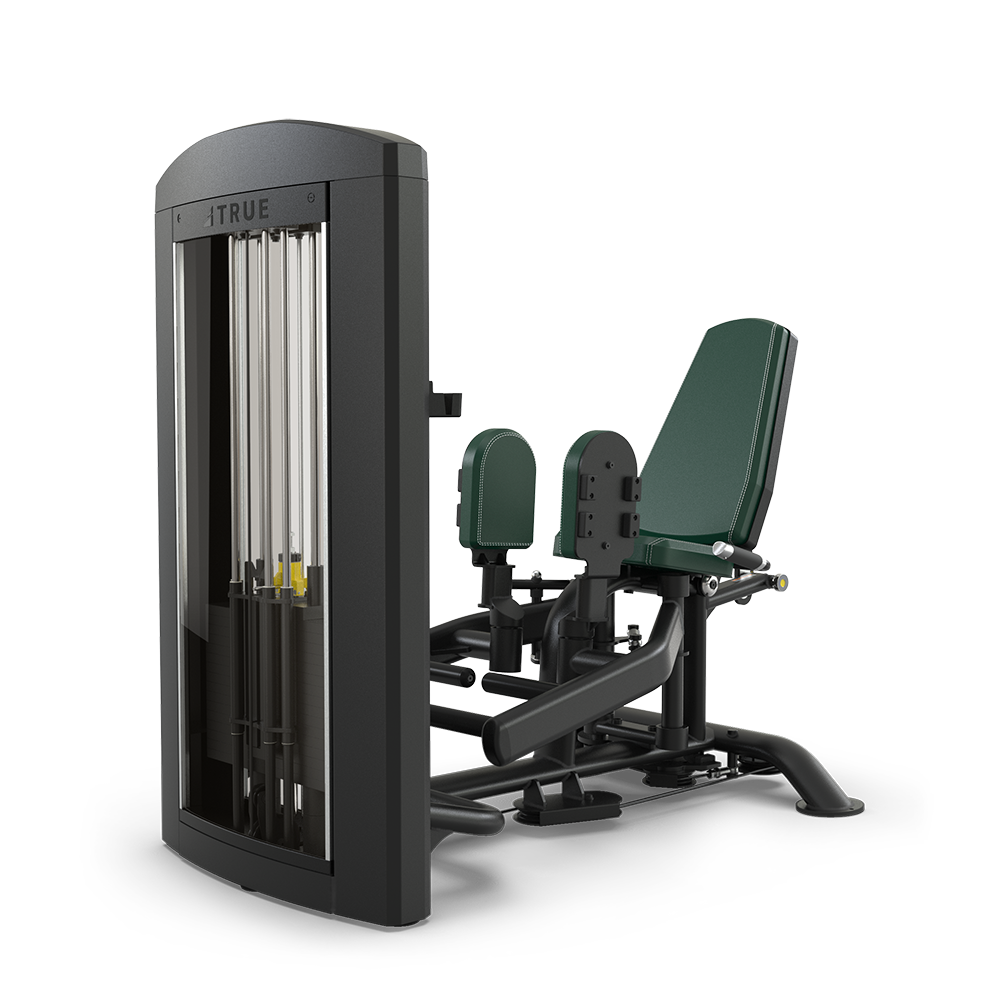 A black and green leg press machine with padded seat and backrest, adjustable settings, and weight stack, designed for gym strength training.