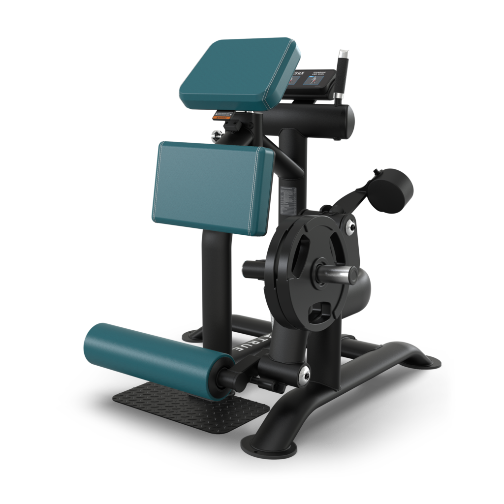 A teal and black gym machine for leg exercises, featuring padded supports, a weight plate, and a foot roller, positioned on a sturdy black base against a plain white background.