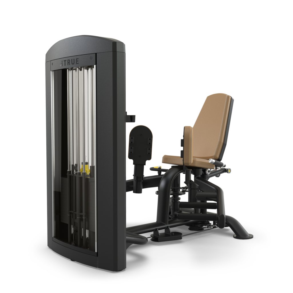 A black and tan leg press gym machine with padded seat and backrest, weight stack on the left, and footplate for resistance exercises, set against a plain white background.