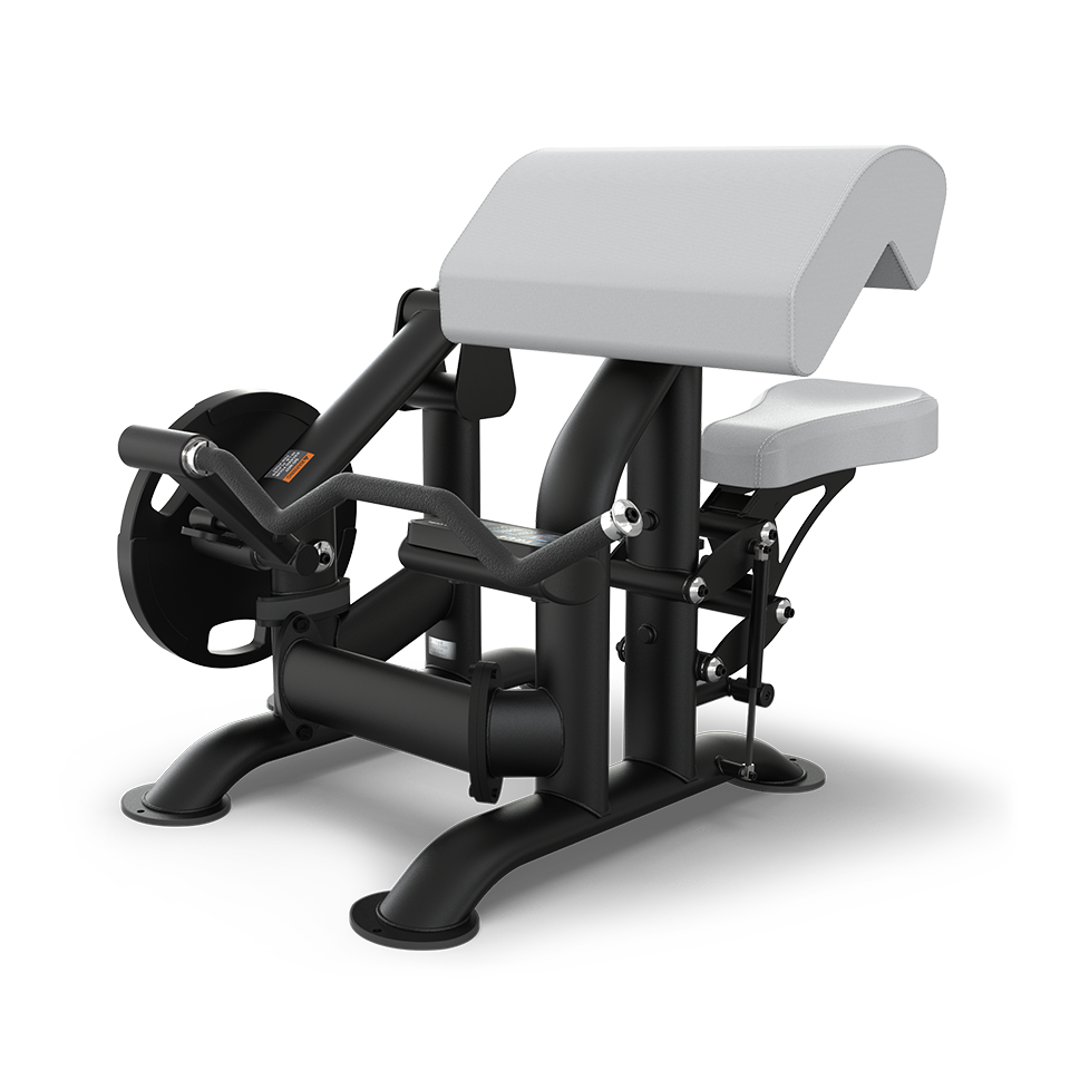 A black and gray preacher curl machine with padded armrest, seat, and handlebars designed for bicep workouts, shown on a white background.
