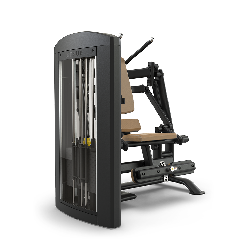A commercial-grade leg press machine with a black frame, padded brown seat, and weight stack enclosed in a protective casing, designed for gym strength training.