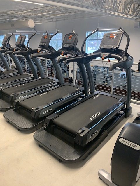 A row of black treadmills with digital screens are lined up in a gym with large windows and a view of weightlifting equipment in the background.