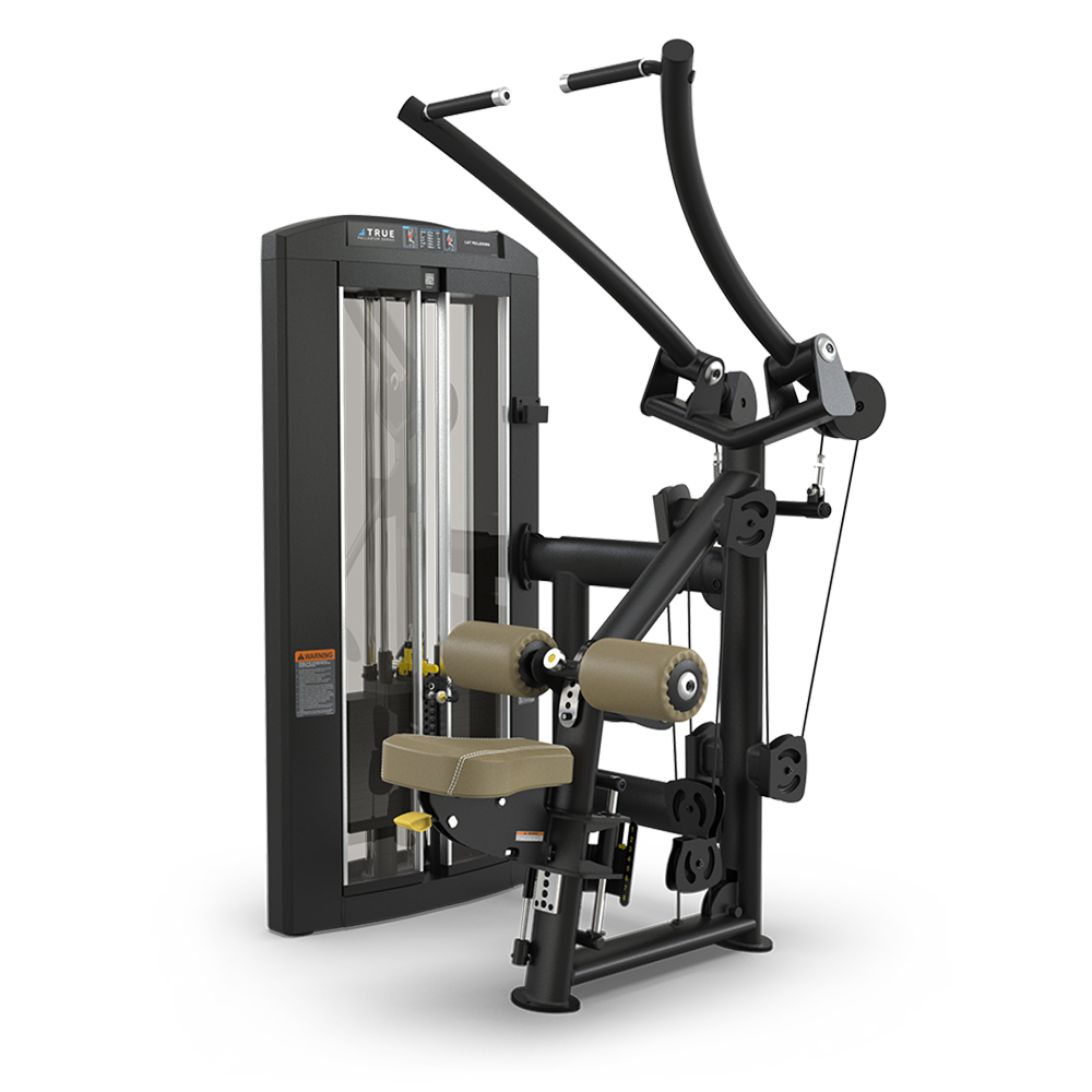A black and gray weight machine with padded seats and handles, designed for upper body workouts, set against a plain white background.