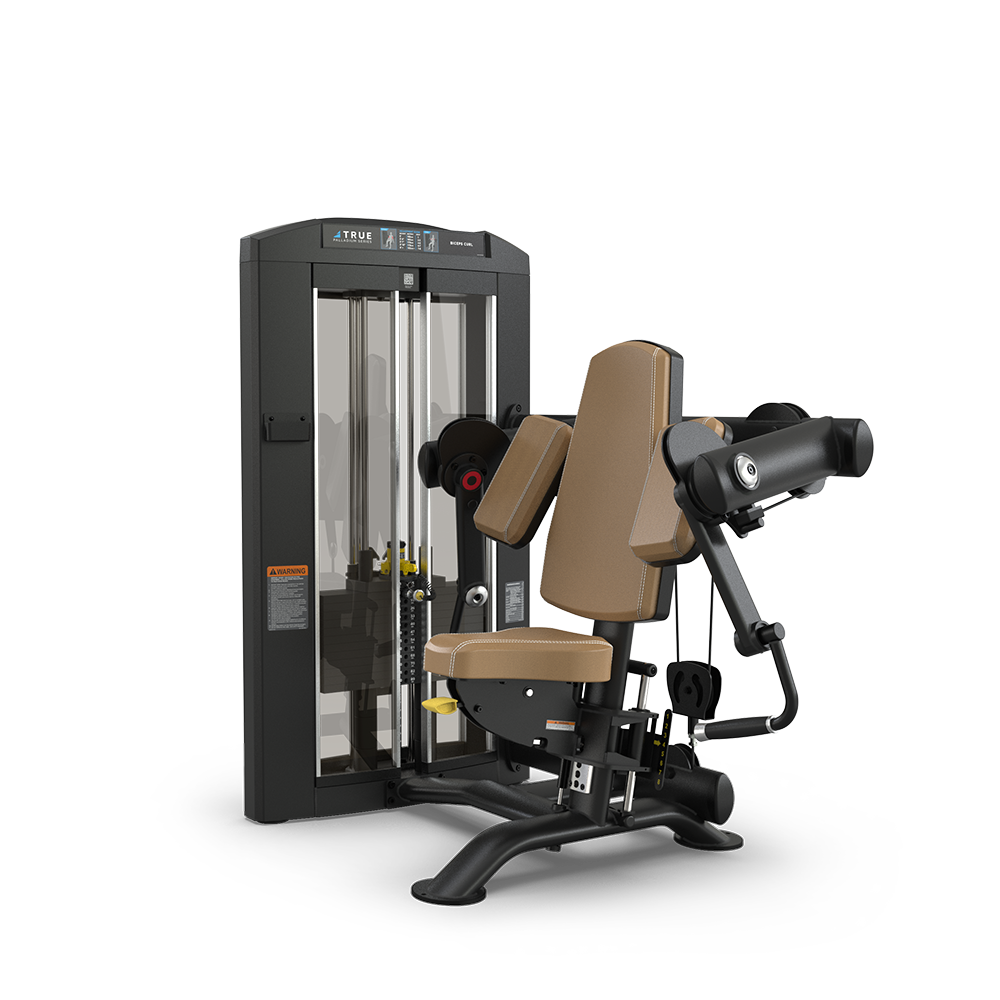 A commercial gym machine with a padded seat and backrest, designed for arm and upper body exercises, featuring adjustable weights and handles, positioned on a black metal frame against a plain white background.