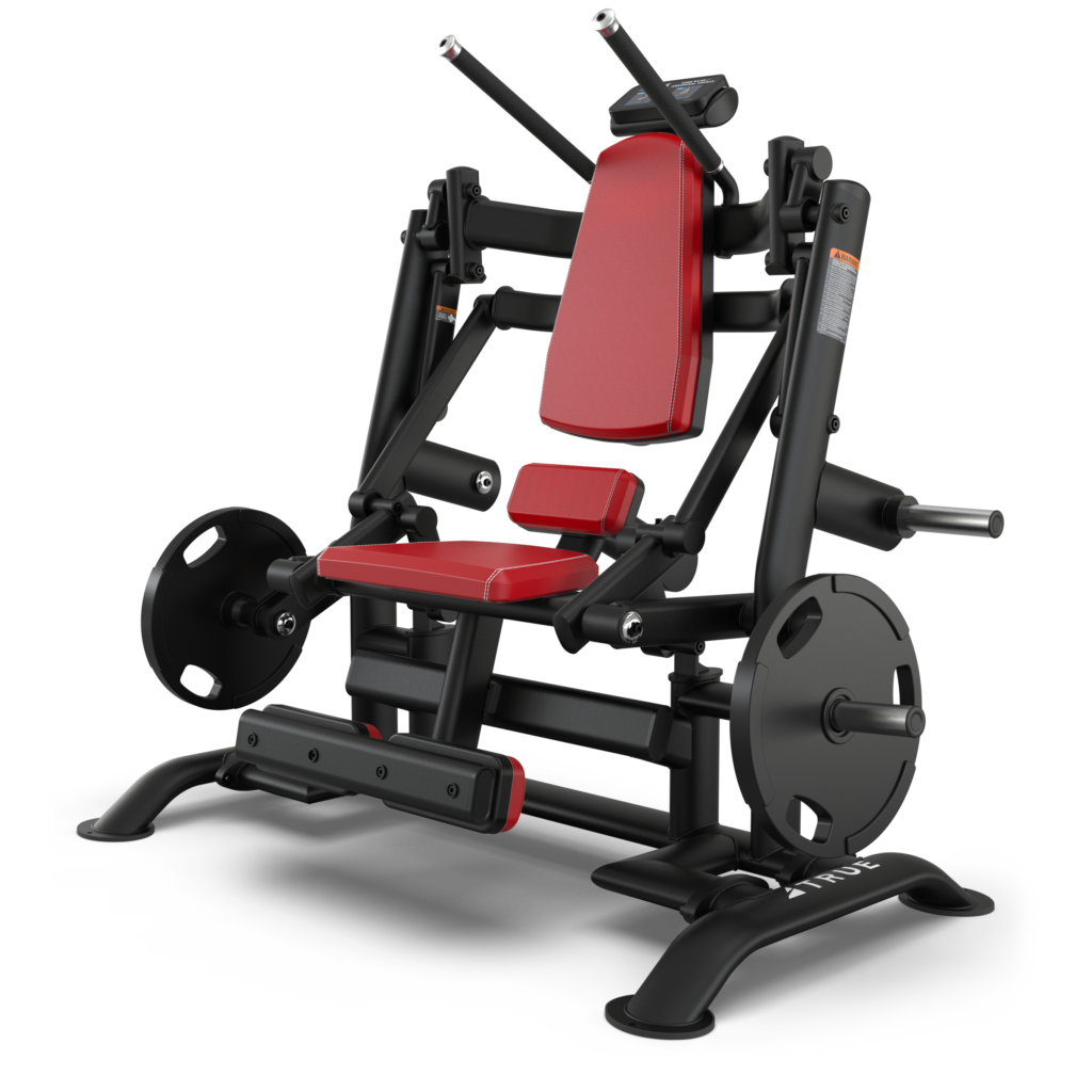 A black and red seated gym machine with padded backrest and seat, angled handles, and weight plates loaded on both sides, designed for strength training exercises.