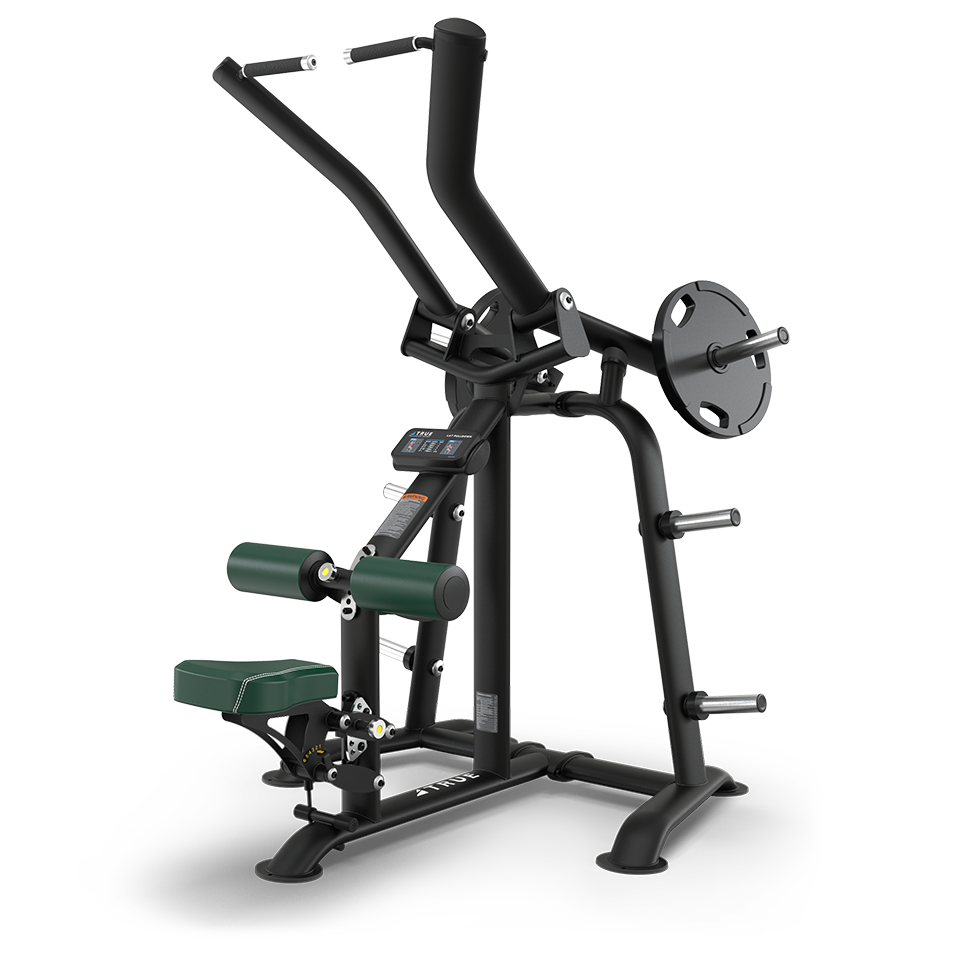 A black, seated gym machine with a padded green seat, leg support, and multiple handles, designed for upper body workouts. It has weight plate holders on each side and a digital display on the frame.