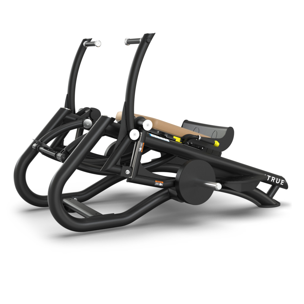 A black, modern seated exercise machine with handlebars, a foot platform, and an adjustable padded seat, designed for strength or cardio workouts. The brand name TRUE appears on the side.