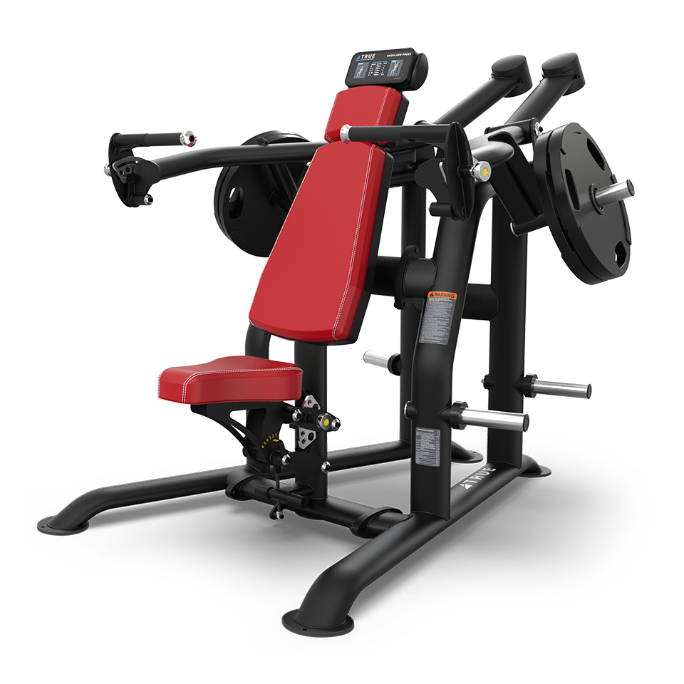 A plate-loaded chest press machine with a red padded seat and backrest, black metal frame, handles, and weight plate holders, designed for upper body strength training.