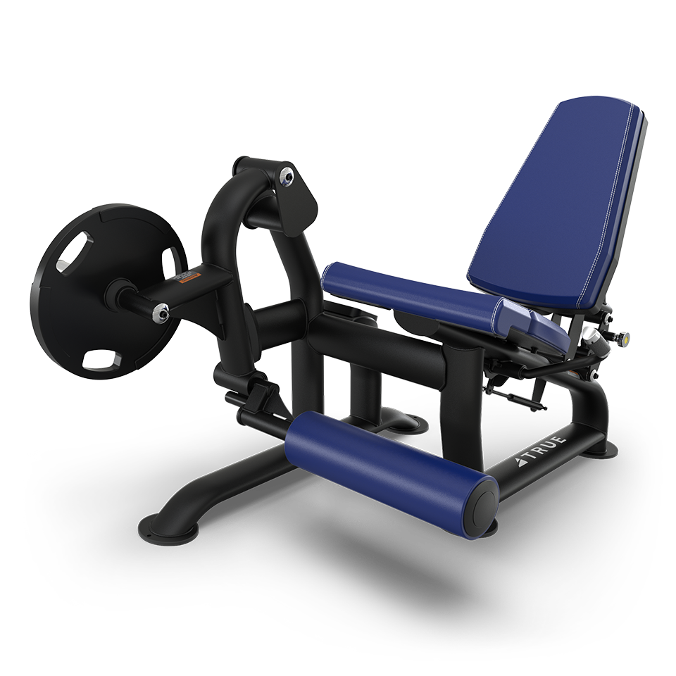 A blue and black leg extension machine with padded seat and rollers, designed for gym use to strengthen leg muscles. The machine is angled with a weight plate attached to the side.