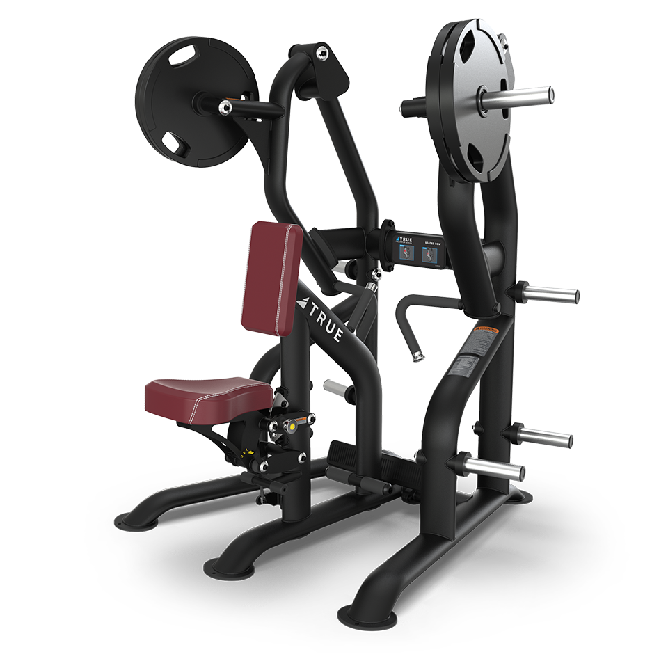 A black and red seated strength training machine with weight plates attached, designed for upper body exercises, featuring padded seat and backrest, handles, and foot supports.