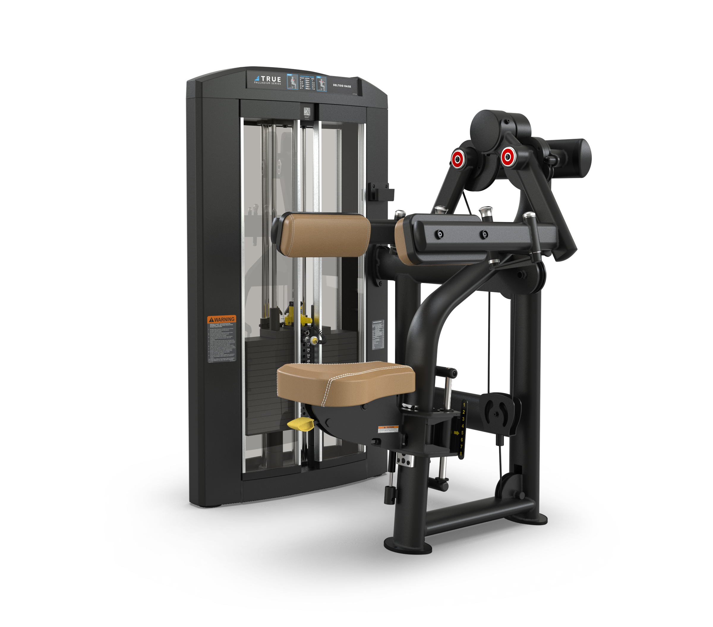 A black and brown seated gym machine with padded seat and armrests, designed for exercising the arms and back, featuring adjustable weights and instruction labels on a plain white background.
