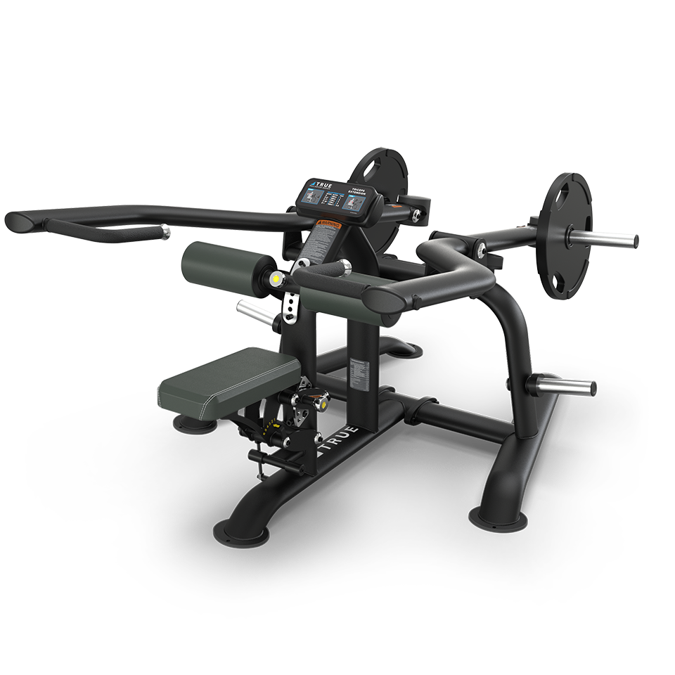 A black and gray gym machine with padded seat and handles, adjustable levers, weight plate holders, and a digital display, designed for strength training exercises.