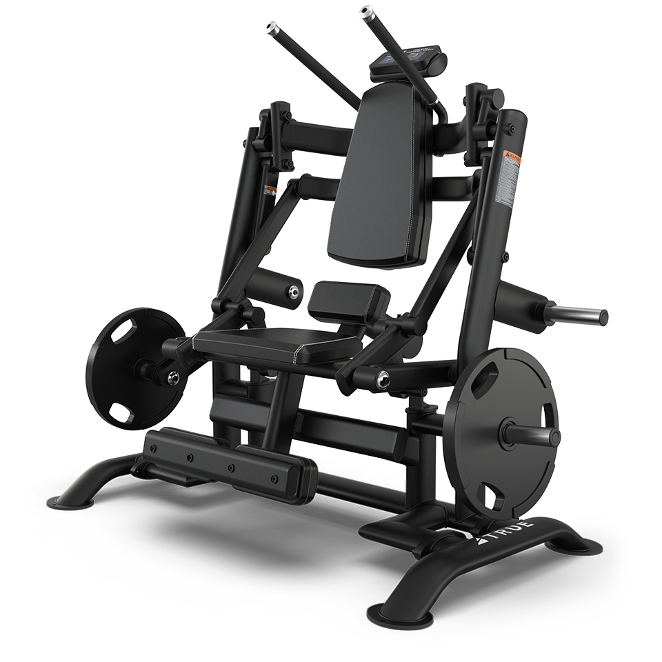 Black leg press machine with padded seat and backrest, metal frame, weight plates on both sides, and foot platform, designed for gym strength training, shown on a plain white background.