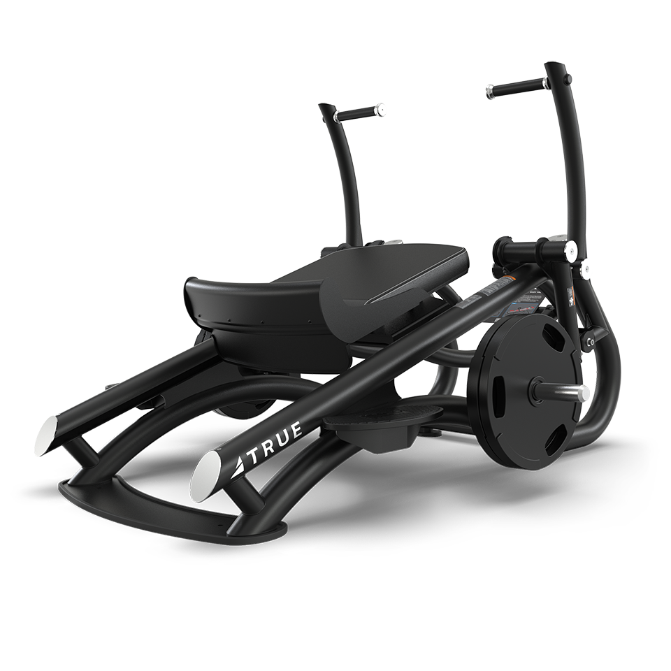A black seated exercise machine with handlebars and weighted resistance plates, designed for strength training, displayed on a white background. The brand name TRUE is visible on the frame.