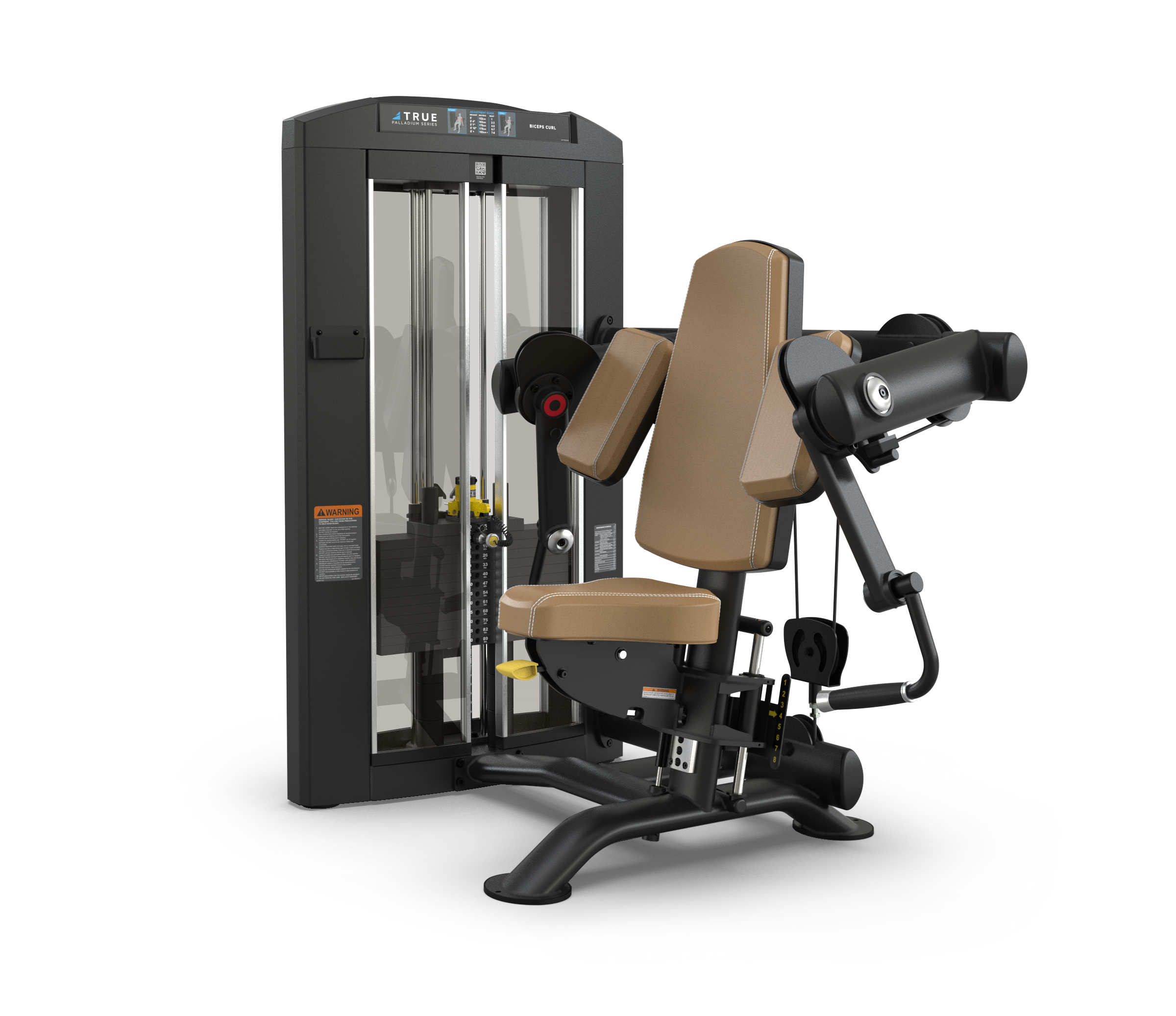 A seated strength training machine with brown cushioned pads and a black frame, designed for chest or shoulder exercises, featuring adjustable resistance with a weight stack and instructional labels.