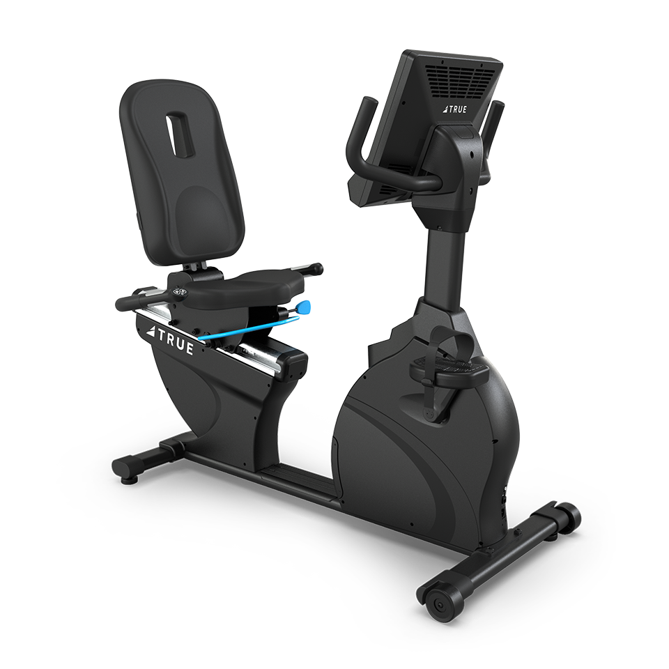 A black recumbent exercise bike with a padded seat, backrest, pedals, and a large digital display screen on the front. The bike is positioned on a white background.
