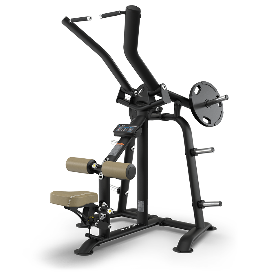 A black and gray plate-loaded gym machine with padded seat, leg supports, and angled handles, designed for upper body exercises. Weight plates are loaded on side pegs.