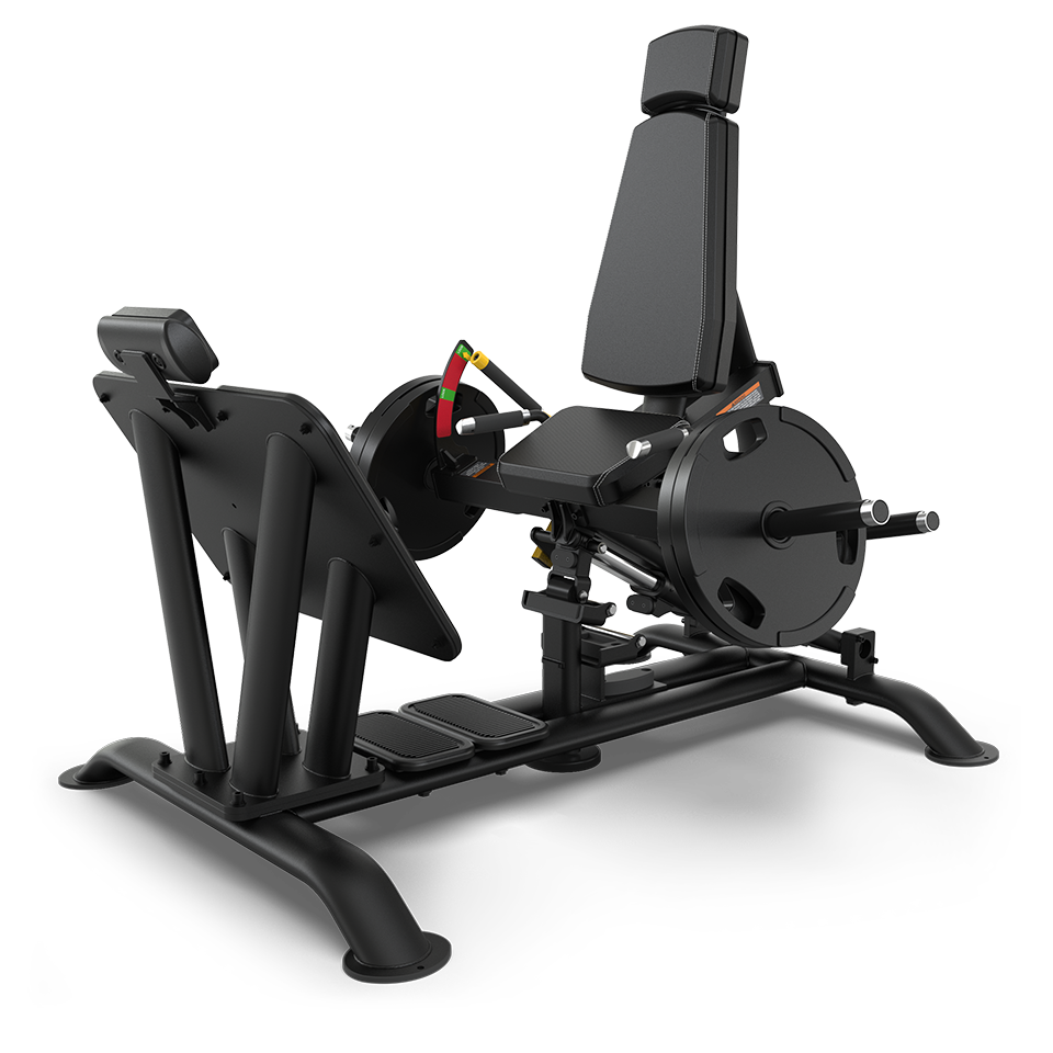 A black leg press machine with an angled backrest, padded seat, adjustable weight plates, and foot platform on a sturdy frame, designed for strength training exercises.