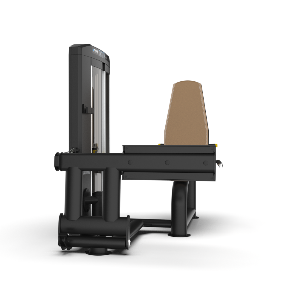 A seated row gym machine with a padded brown backrest, black frame, and weight stack, shown against a white background. The machine is viewed from the front.
