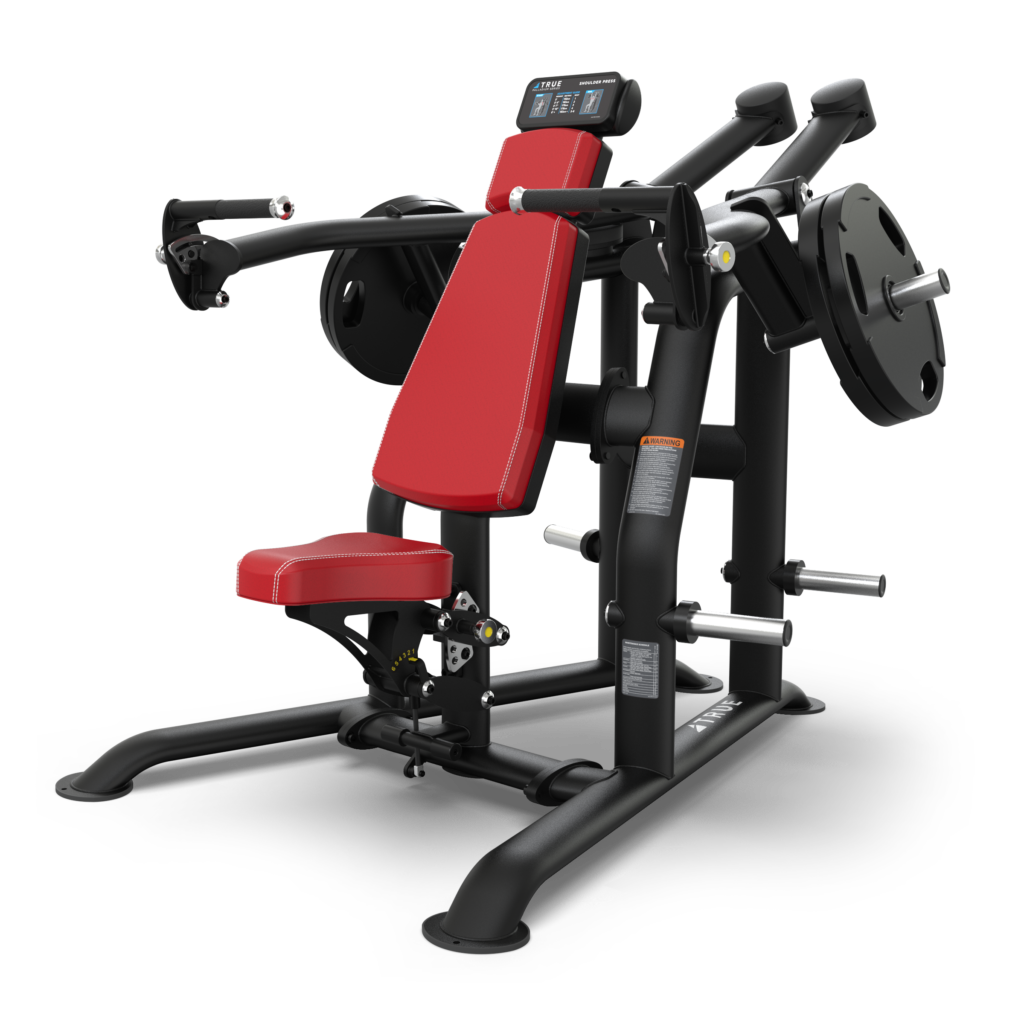 A red and black plate-loaded chest press machine with padded seat and backrest, adjustable levers, handles, and weight storage pegs, designed for gym strength training.