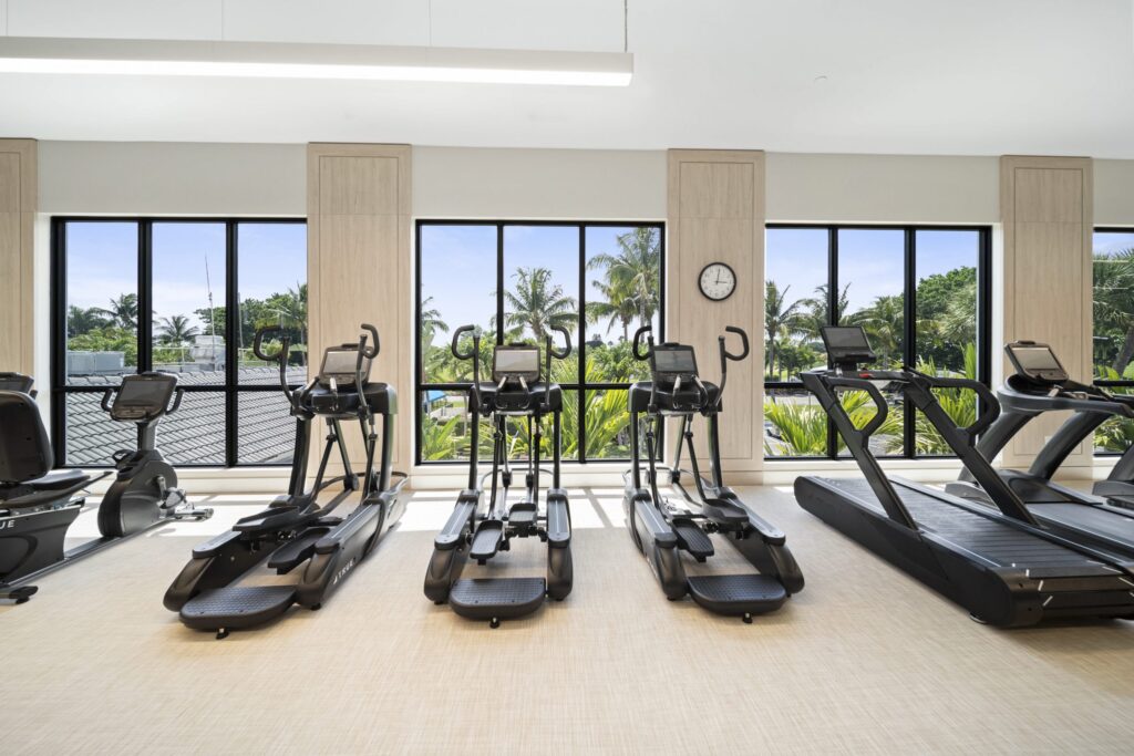 Modern gym with elliptical machines and treadmills lined up in front of large windows, offering a view of palm trees and greenery outside under a bright sky. A clock is mounted on a wall between the windows.
