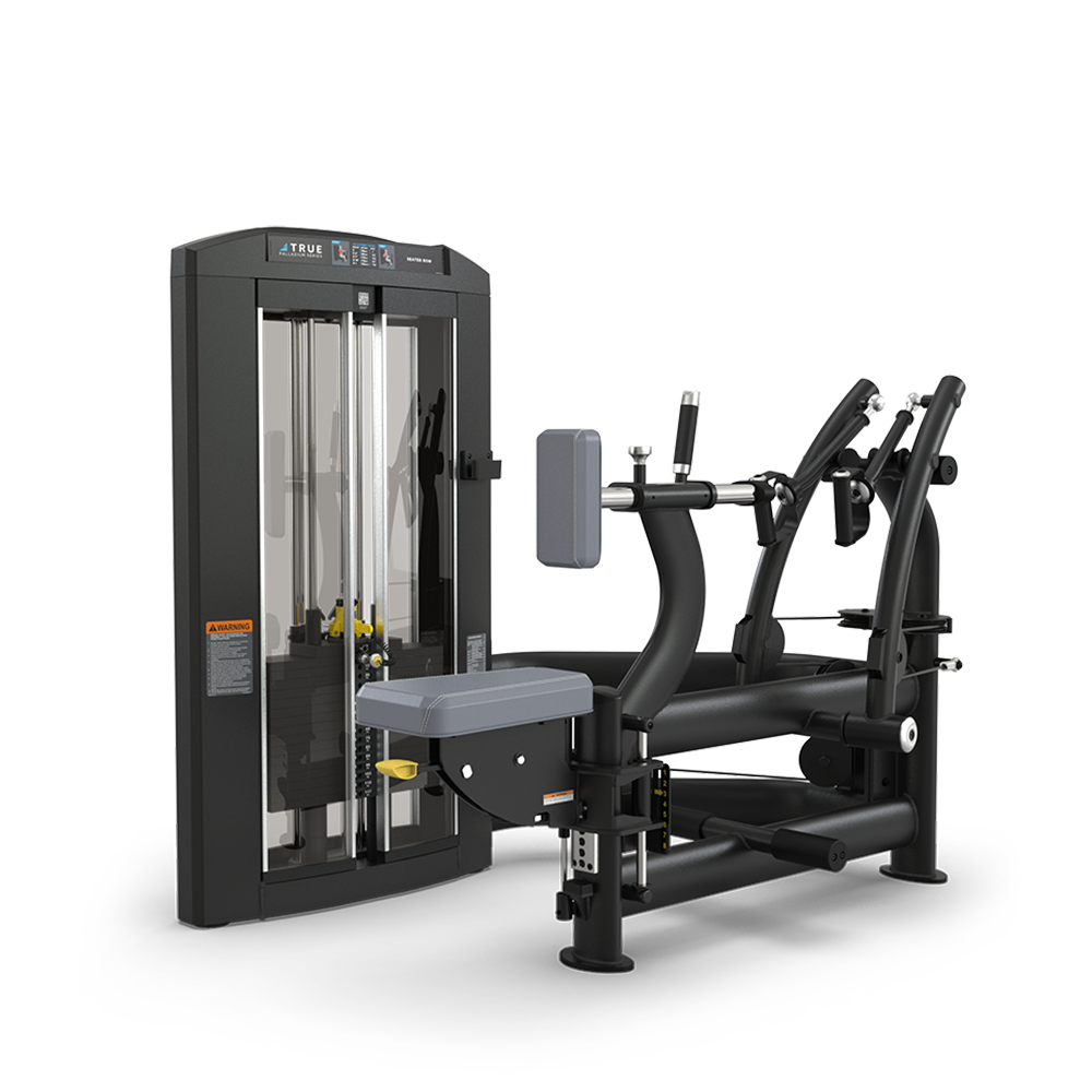 A black and gray seated row strength training machine with padded seat, chest support, and adjustable handles, designed for gym use on a white background.