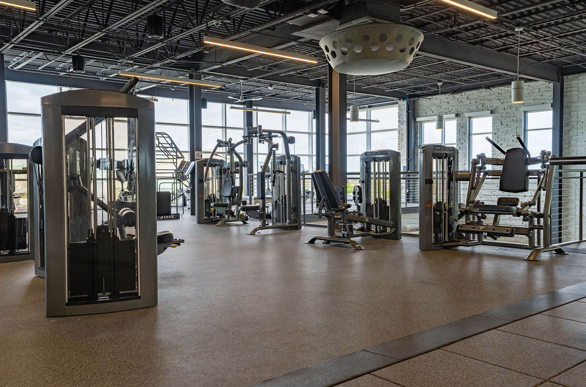 A spacious, modern gym with large windows, natural light, and various weight machines neatly arranged on a clean, light-brown floor. The gym is empty and features an industrial-style ceiling.