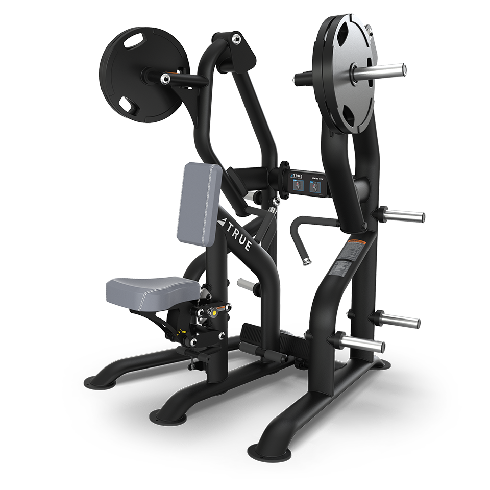 A black, seated plate-loaded strength training machine with padded seat and backrest, designed for upper body exercises; two weight plates are mounted on each side of the machine.