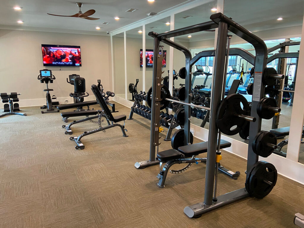 A modern gym with weight racks, benches, a squat rack, cardio machines, and a wall mirror. A TV is mounted on the wall, and the room is well-lit with ceiling lights and a fan.