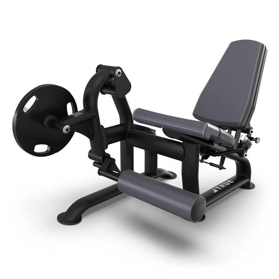 A black and gray leg press machine with padded seat and backrest, adjustable weights, and foot platform, designed for strength training in a gym setting.