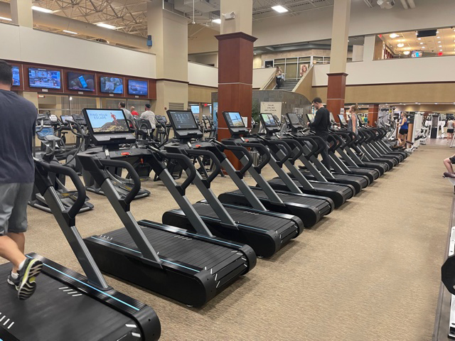A row of treadmills in a gym, with several people exercising on them. The gym is spacious, well-lit, and has additional workout areas and equipment in the background.