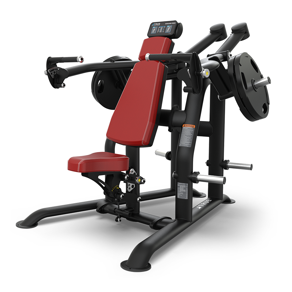 A red and black plate-loaded chest press gym machine with padded seat and backrest, dual handles, and weight storage pegs, designed for upper body strength training.