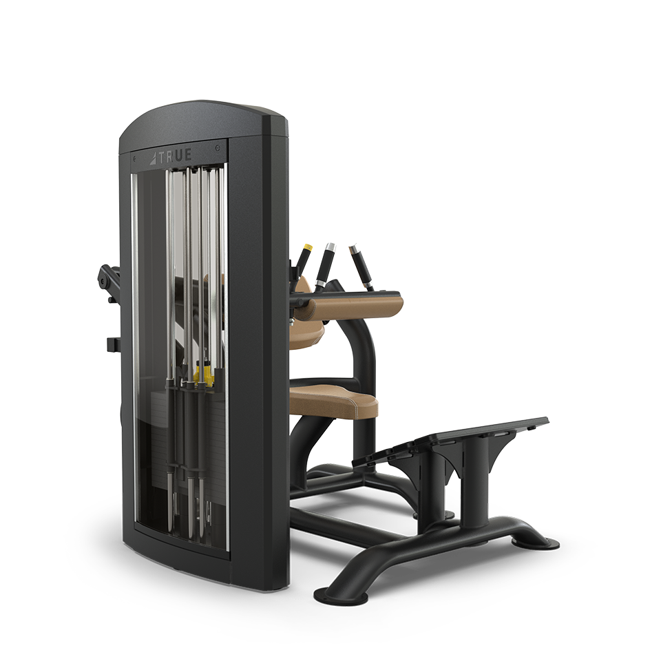 A black and tan seated exercise machine with weight stacks, handles, and a foot platform, designed for strength training, shown on a white background.