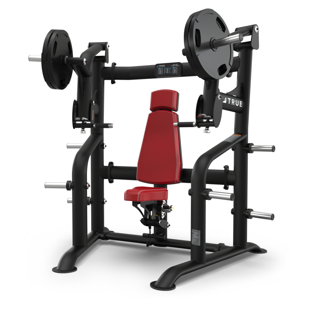 A black and red seated chest press machine with weight plates attached, designed for strength training. The machine has an adjustable red seat and multiple handles, with a sturdy black metal frame.