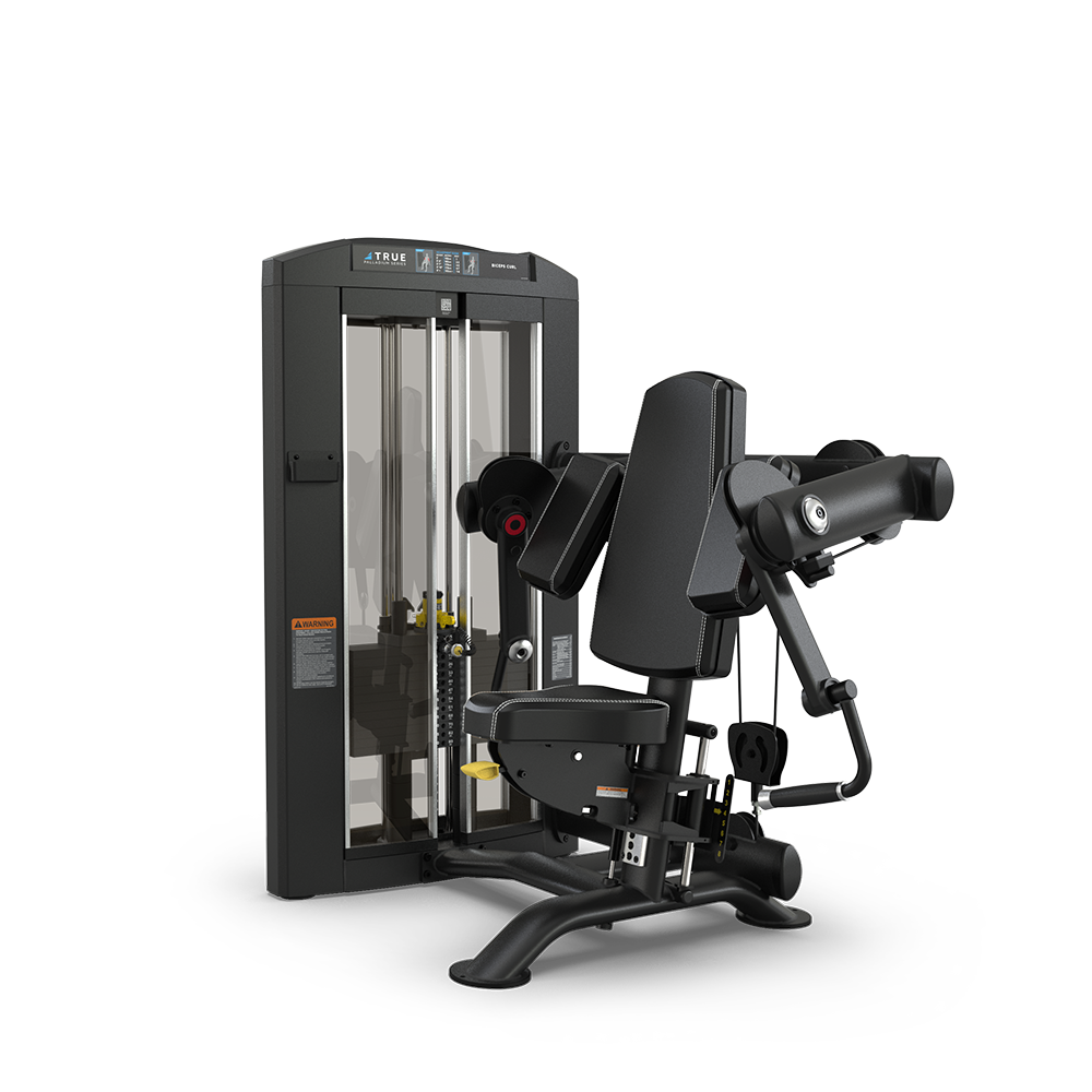 A black seated gym machine with padded supports and adjustable weights, designed for performing biceps curls and strength training exercises.