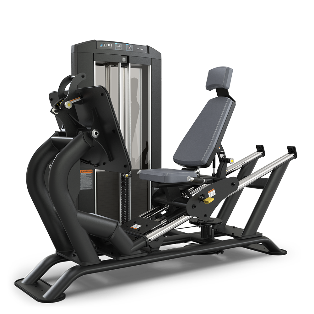 A black and gray seated leg press machine with an adjustable padded seat, backrest, and weight stack, designed for gym strength training exercises.