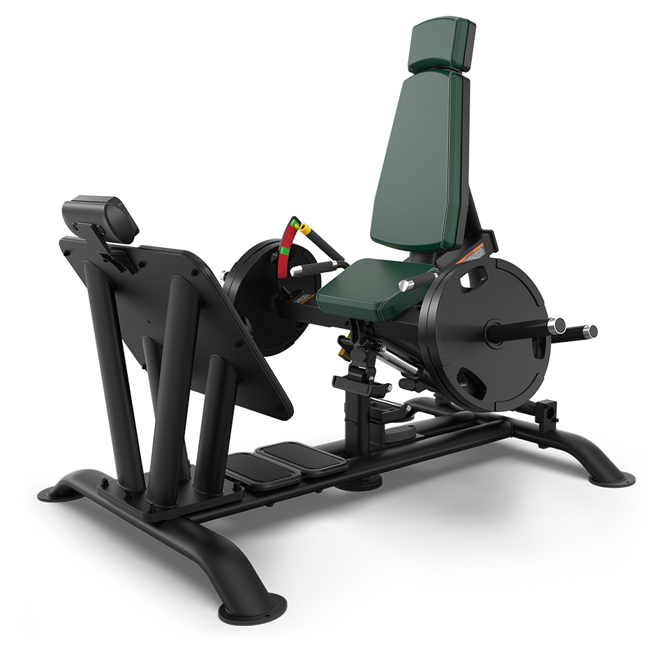A black and green seated leg press machine with a padded backrest and seat, adjustable weights, and foot platform, designed for gym strength training.