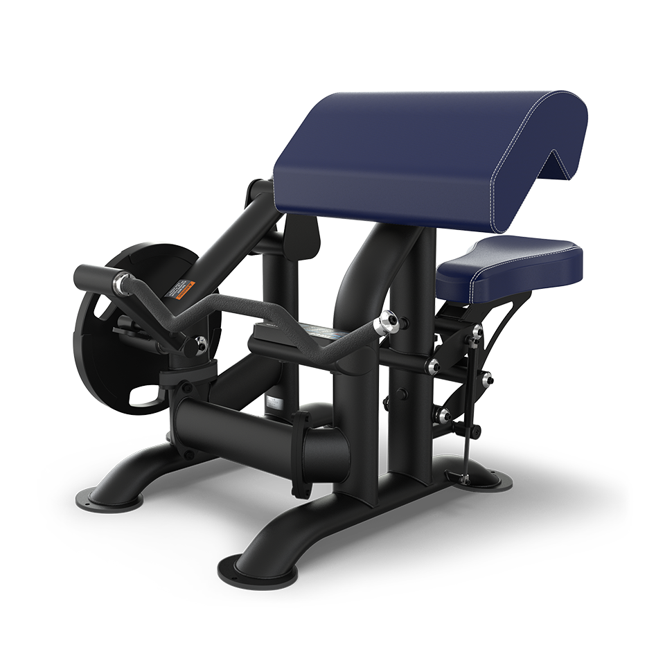 A black and blue gym machine with padded seat and armrest, designed for preacher curls or seated arm exercises, featuring handles, weight plates, and sturdy metal construction.