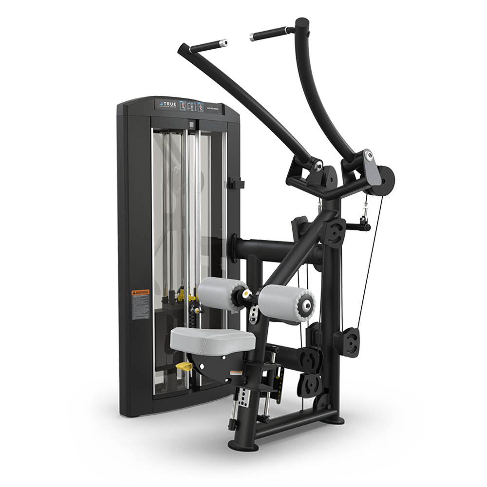 A black and gray strength training machine with padded seats, backrest, and various handles and pulleys, designed for upper body exercises. The machine has an adjustable weight stack and multiple adjustment points.