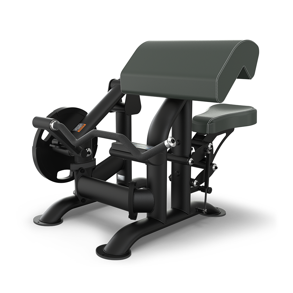 A black and gray seated preacher curl machine with padded arm and seat rests, designed for strength training exercises targeting the biceps, shown on a plain white background.