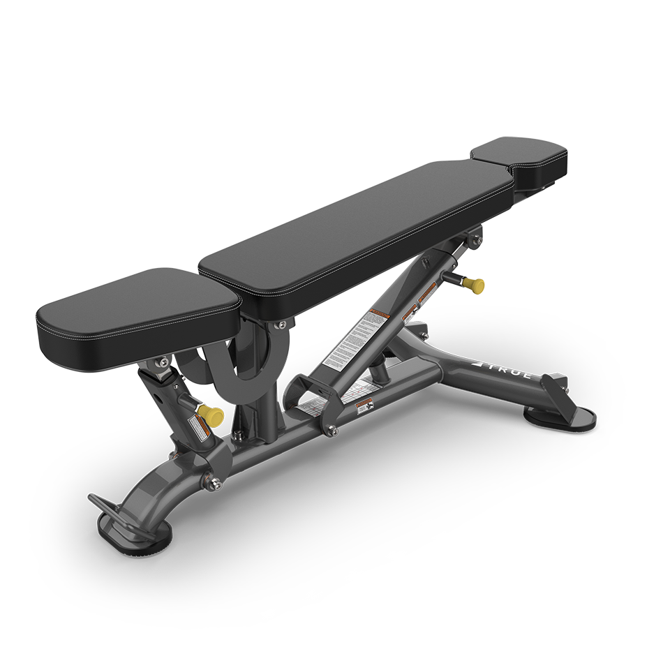 A black adjustable weight bench with padded seats and backrest, metal frame, and yellow adjustment knobs, designed for gym or home fitness use, shown on a plain white background.