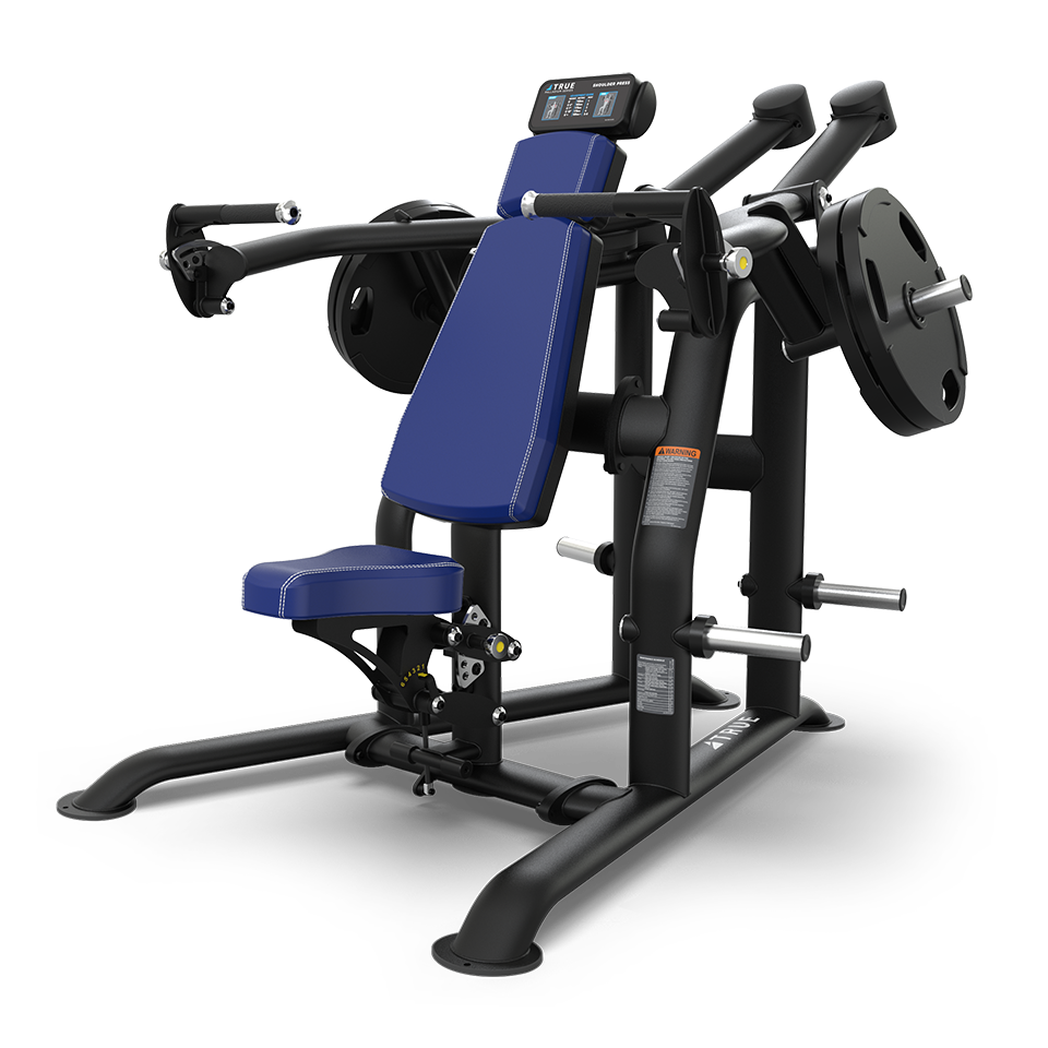 A blue and black seated chest press machine with weight plates, padded seat and backrest, adjustable handles, and digital display, designed for gym strength training.