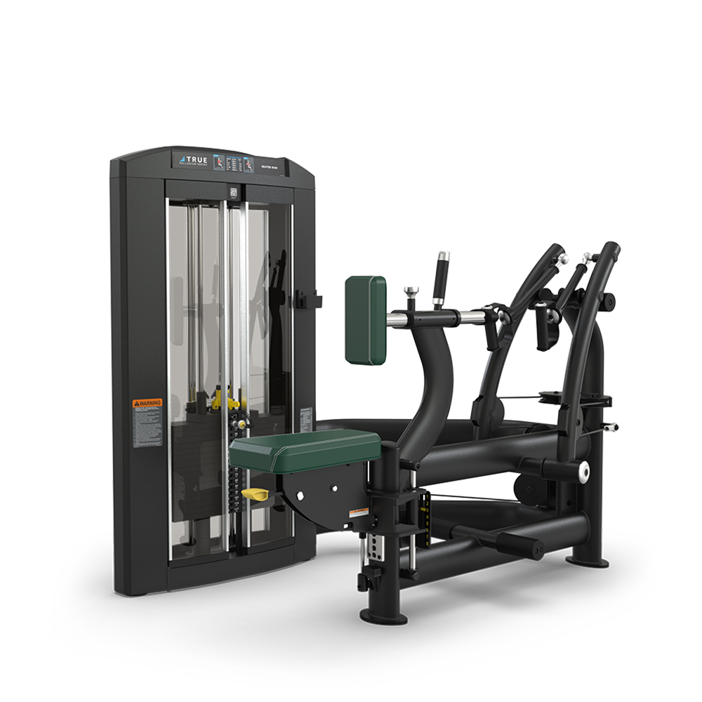 A black and green seated gym machine with padded seat, backrest, and arm supports, designed for upper body workouts, placed on a white background.