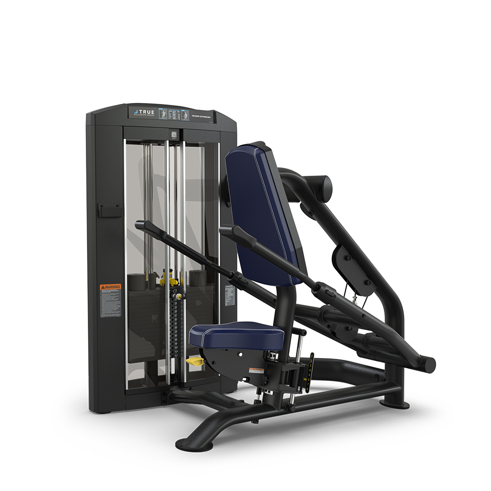 A black and blue seated strength training machine with padded seat and backrest, handles, and a weight stack, designed for chest press exercises against a white background.