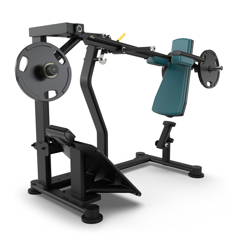 A black and teal plate-loaded incline chest press machine with padded seat and backrest, two weight plates attached on each side, and foot platforms for support, designed for upper body strength training.
