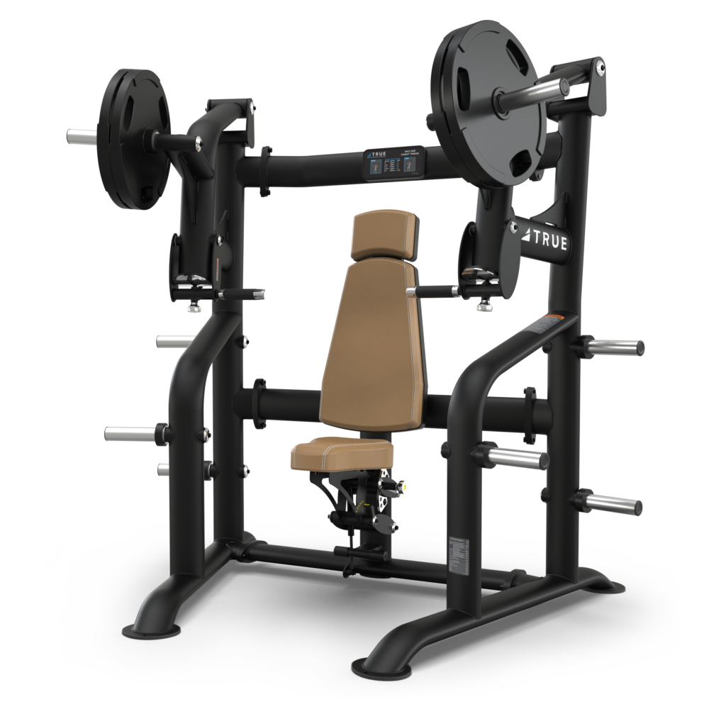 A black and tan seated chest press machine with weight plates loaded on each side, adjustable seat, and multiple handles, designed for strength training exercises.