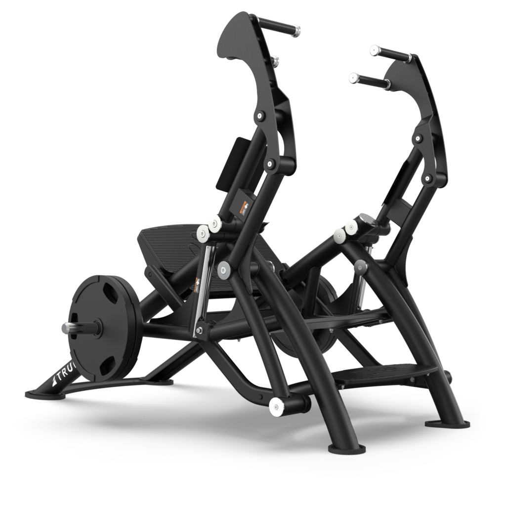 Black plate-loaded exercise machine with padded seat and angled backrest, designed for leg press workouts. The frame is sturdy with multiple handles and footrests, shown on a white background.