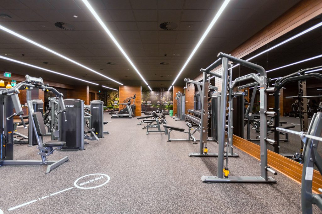 A modern gym with various exercise machines and equipment, mirrored walls, and bright overhead lighting. The room is clean, spacious, and empty, with a gray carpeted floor and wood panel accents.